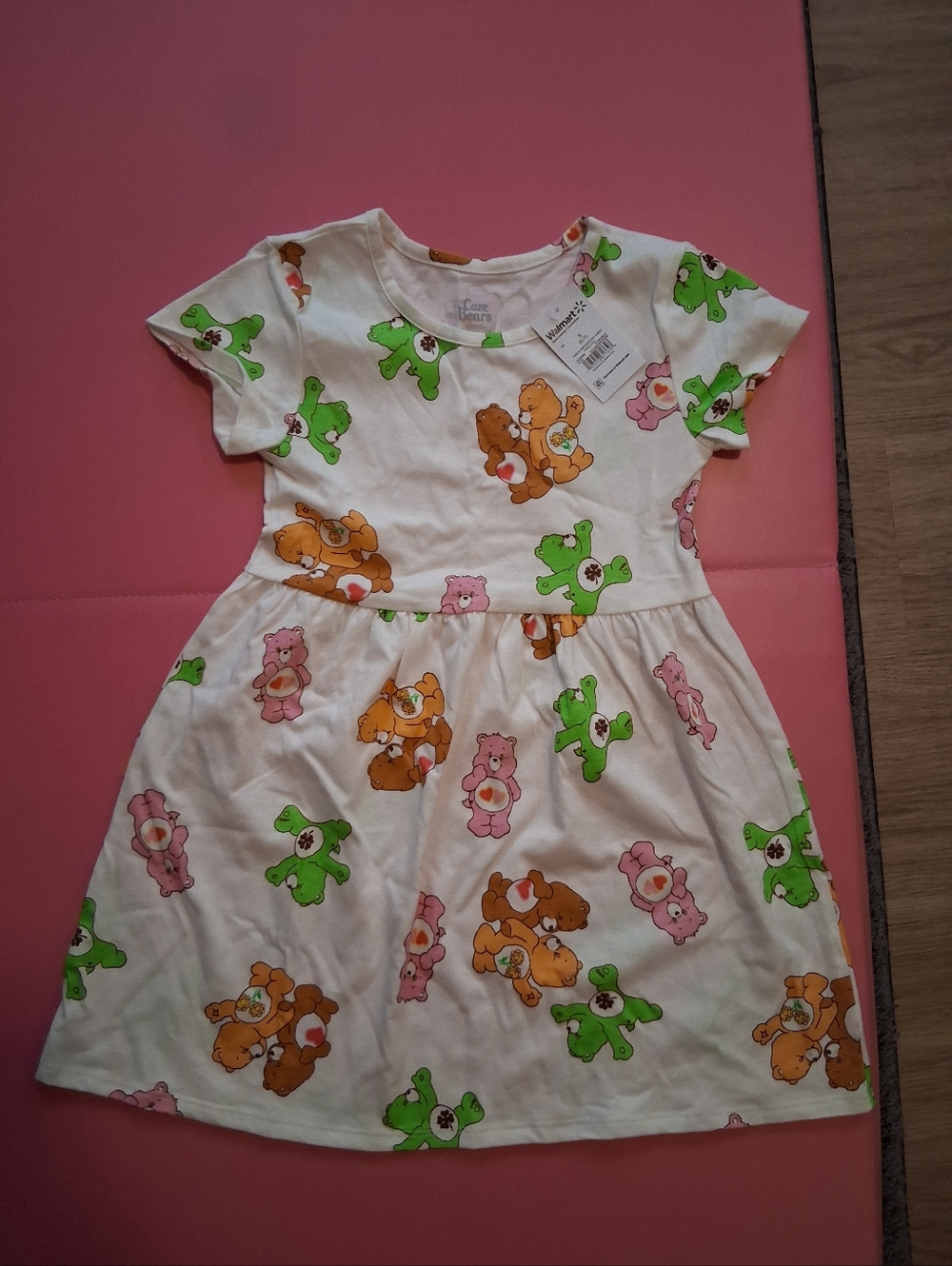 NWTS Care Bears White Dress with Pink, Green & Brown Bears Size S (6/7)